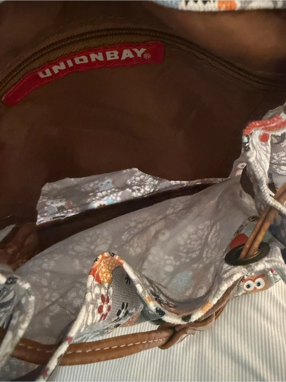 Unionbay Gray Owl Print Backpack with Brown Vegan Leather Trim